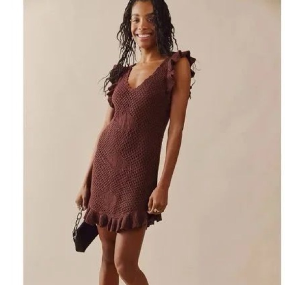 Free People FP Beach Knit Ruffle Hem Sleeveless Tunic Dress – Large – Brown - Picture 1 of 11